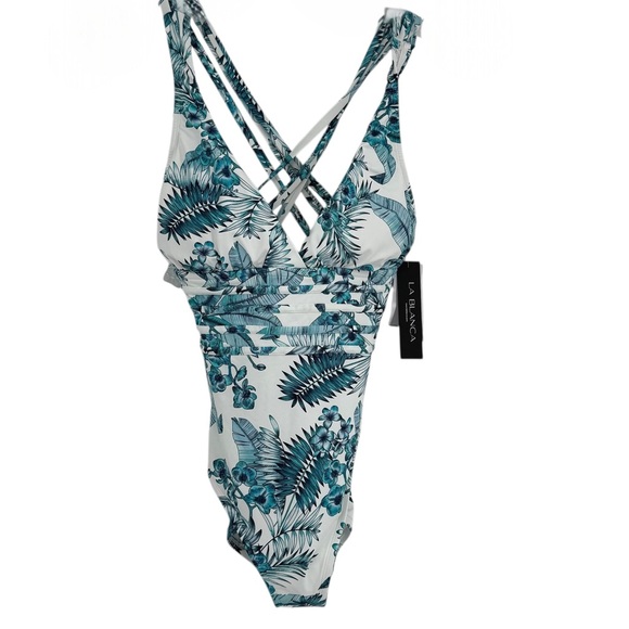 La Blanca Other - La Blanca One Piece Swimsuit Size 12 NWT Strappy Tropical Leaf Tummy Control